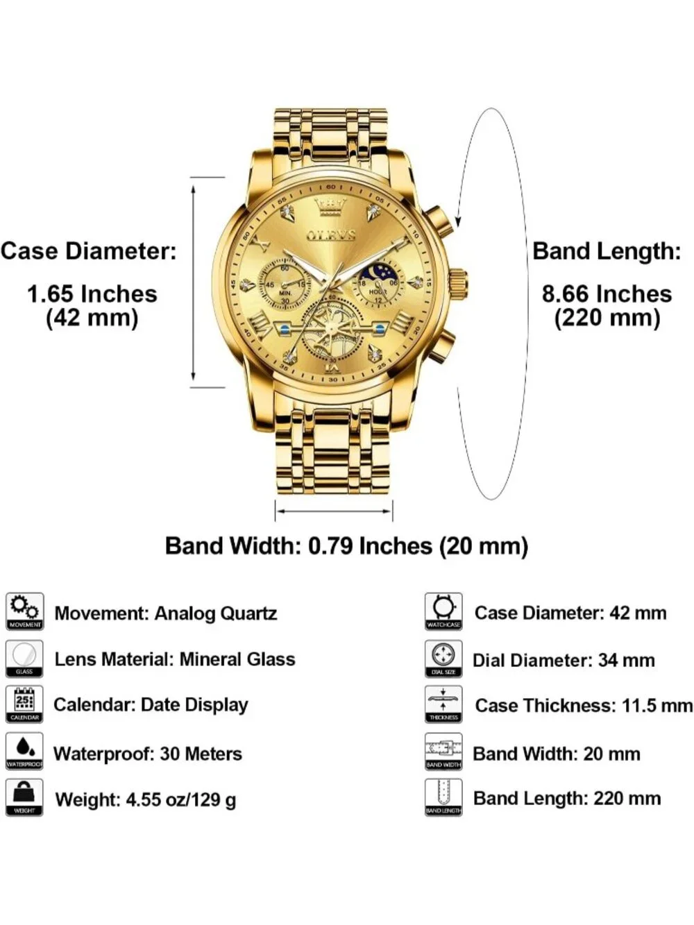 Men's Gold Stainless Steel Chronograph Waterproof Quartz Elegant Dress Watch